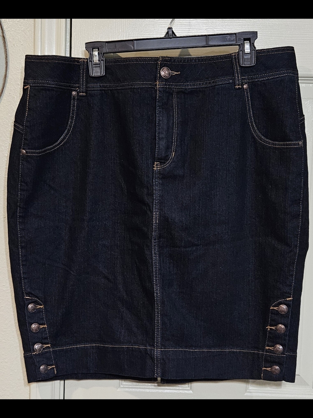 Lane Bryant Dark Blue Denim Midi Skirt with Button Embellishments